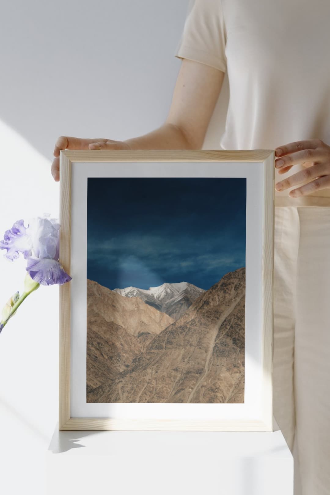A framed print of a mountain range, held up in a sunlit room